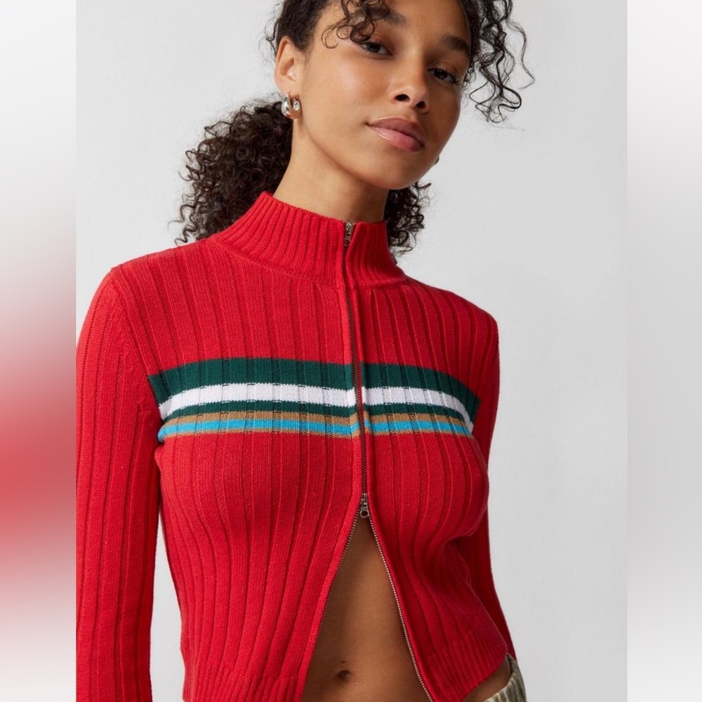 BDG Urban Outfitters Red & Green Striped Knit Women's Zip Up Sweater